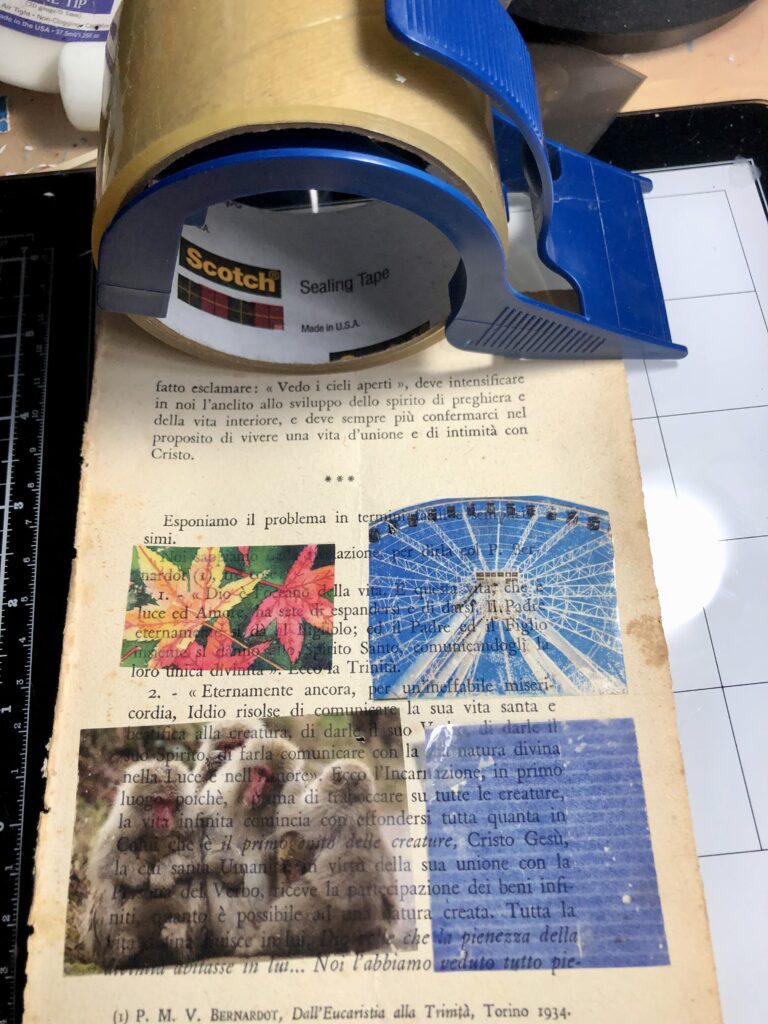 photo shows a roll of packing tape alongside colorful tape image transfers